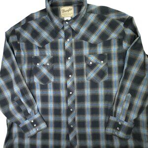 Wrangler Shirt Mens 3XL Black Blue Plaid Western Pearl Snap Long Sleeve Cowboy